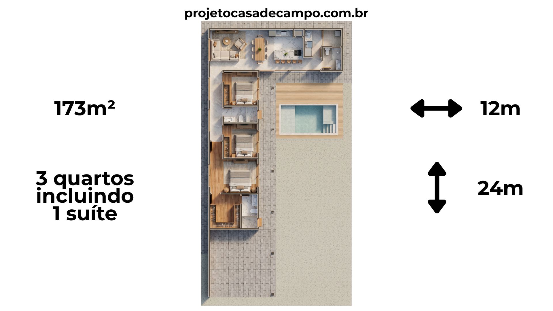 planta casa de campo em L p38